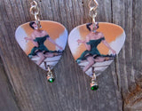 Pin Up Girl Playing Chess Guitar Pick Earrings with Crystal Charm Dangle