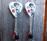 Rocker Girl and Skull Guitar Pick Earrings with Guitar Charm Pave Bead and Swarovski Crystal Dangles