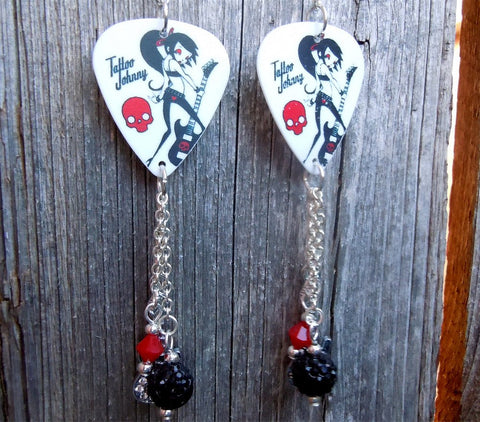 Rocker Girl and Skull Guitar Pick Earrings with Guitar Charm Pave Bead and Swarovski Crystal Dangles