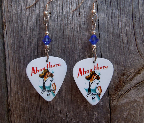 Navy Classic Pin Up Girl Guitar Pick Earrings with Blue Swarovski Crystals