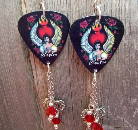 Winged Pin Up Girl with Red Swarovski Crystal and Wing Charm Dangles