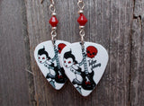 Red and Black Rocker Girl Guitar Pick Earrings with Red Swarovski Crystals