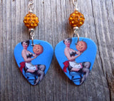 Pin Up Girl with Jack o Lantern Guitar Pick Earrings with Orange Pave Beads