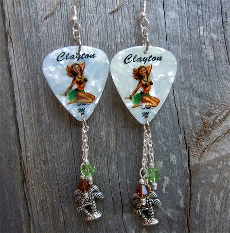 Brunette Hawaiian Pin Up Girl Guitar Pick Earrings with Charm and Swarovski Crystal Dangles