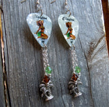 Brunette Hawaiian Pin Up Girl Guitar Pick Earrings with Charm and Swarovski Crystal Dangles