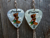 Brunette Hawaiian Pin Up Girl Guitar Pick Earrings with Charm and Swarovski Crystal Dangles