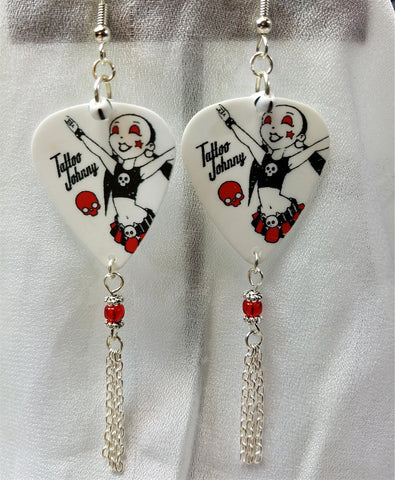 Red and Black Rocker Girl Guitar Pick Earrings with Chain Dangles