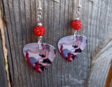 Classic Pin Up Woman in Black Lingerie Guitar Pick Earrings with Red Pave Beads