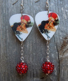Brunette Pin Up Girl In Red and Black Lingerie Guitar Pick Earrings with Red Studded Rhinestone Dangles