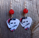 Rose Tattooed Illustrated Girl Guitar Pick Earrings with Red Pave Beads