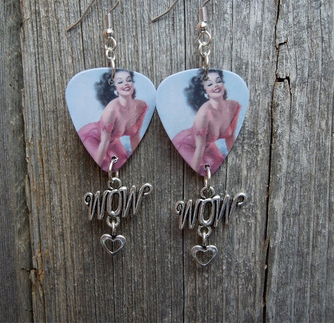 Classic Pin Up Girl in Pink Dress Guitar Pick Earrings with Wow Charm