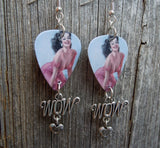 Classic Pin Up Girl in Pink Dress Guitar Pick Earrings with Wow Charm