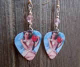 Pin Up Girl in Pink Babydoll Nightgown Guitar Pick Earrings with Pink Swarovski Crystals