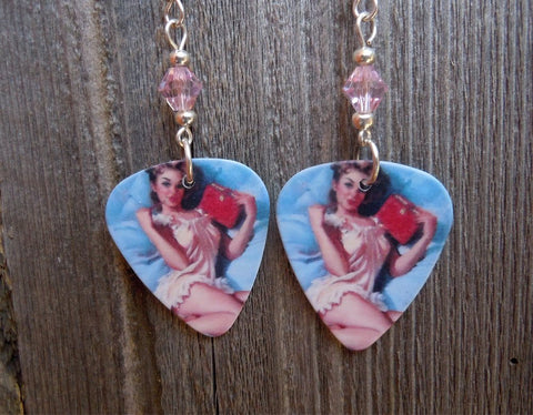 Pin Up Girl in Pink Babydoll Nightgown Guitar Pick Earrings with Pink Swarovski Crystals