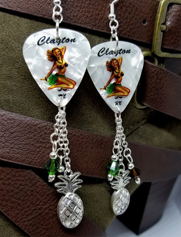 Brunette Hawaiian Pin Up Girl Guitar Pick Earrings with Pineapple Charm and Swarovski Crystal Dangles