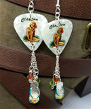 Blonde Hawaiian Pin Up Girl Guitar Pick Earrings with Flip Flop Charms and Swarovski Crystal Dangles