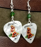 Blonde Hawaiian Pin Up Girl Guitar Pick Earrings with Emerald Green Swarovski Crystals