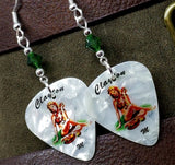 Blonde Hawaiian Pin Up Girl Guitar Pick Earrings with Emerald Green Swarovski Crystals