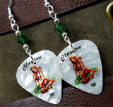 Hawaiian Pin Up Girl Guitar Pick Earrings with Emerald Green Swarovski Crystals