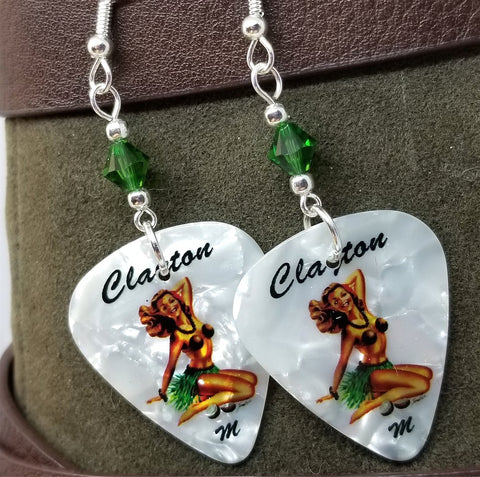 Hawaiian Pin Up Girl Guitar Pick Earrings with Green Swarovski Crystals