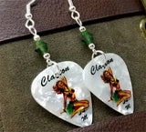 Hawaiian Pin Up Girl Guitar Pick Earrings with Green Swarovski Crystals