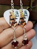 Tattooed Blonde Pin Up Girl in Black Lingerie Guitar Pick Earrings with Red Swarovski Crystal Dangles