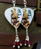 Tattooed Blonde Pin Up Girl in Black Lingerie Guitar Pick Earrings with Red Swarovski Crystal Dangles