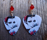 Rose Tattooed Girl Guitar Pick Earrings with Red Swarovski Crystals