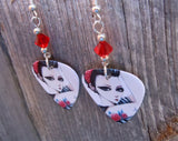 Rose Tattooed Girl Guitar Pick Earrings with Red Swarovski Crystals