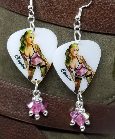 Blonde Pin Up Girl in Pink and Black Lingerie Guitar Pick Earrings with Pink AB Swarovski Crystal Dangles