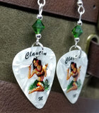 Hawaiian Pin Up Girl with a Cocktail Guitar Pick Earrings with Green Swarovski Crystals
