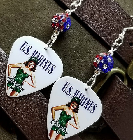 Marine Pin Up Girl Guitar Pick Earrings with American Flag Pave Beads
