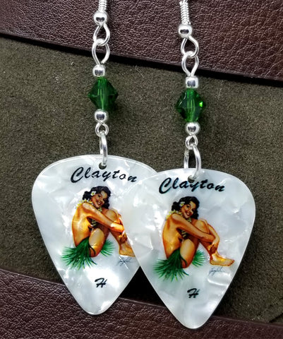 Hawaiian Pin Up Brunette Girl Guitar Pick Earrings with Emerald Green Swarovski Crystals