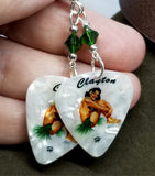 Hawaiian Pin Up Brunette Girl Guitar Pick Earrings with Emerald Green Swarovski Crystals