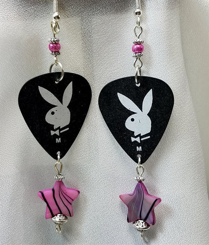 Black and White Playboy Guitar Pick Earrings with Pink Star Beads