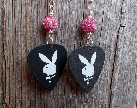 Black and White Playboy Guitar Pick Earrings with Pink Pave Beads