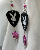 Black and White Playboy Guitar Pick Earrings with Pink Star Beads