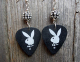 Black and White Playboy Guitar Pick Earrings with Pave Beads