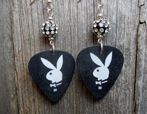 Black and White Playboy Guitar Pick Earrings with Pave Beads