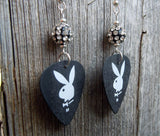 Black and White Playboy Guitar Pick Earrings with Pave Beads