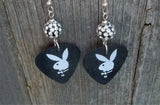 Black and White Playboy Guitar Pick Earrings with Pave Beads