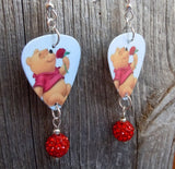 Winnie the Pooh Guitar Pick Earrings with Red Pave Bead Dangles