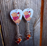 Winnie the Pooh Guitar Pick Earrings with Silver Rose Charm and Swarovski Crystal Dangles