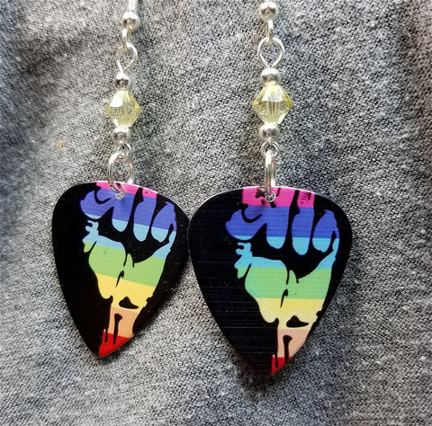 Rainbow Pride Guitar Pick Earrings with Pale Yellow Swarovski Crystals