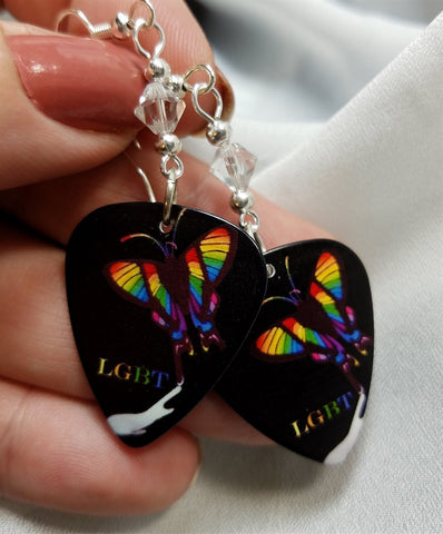 Pride Rainbow LGBT Butterfly Guitar Pick Earrings with Clear Swarovski Crystals