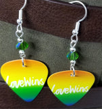 Love Wins Pride Guitar Pick Earrings with Green AB Swarovski Crystals