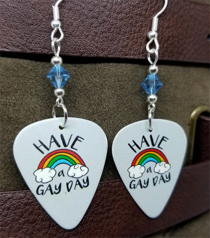 Have a Gay Day Rainbow Pride Guitar Pick Earrings with Blue Swarovski Crystals
