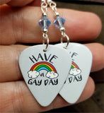 Have a Gay Day Rainbow Pride Guitar Pick Earrings with Blue Swarovski Crystals