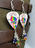 Fight For Your Right Pride Rainbow on a Chained Fist Guitar Pick Earrings with Swarovski Crystal Dangles