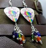 Fight For Your Right Pride Rainbow on a Chained Fist Guitar Pick Earrings with Swarovski Crystal Dangles